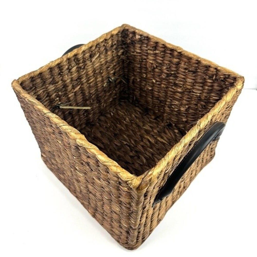 Square Brown Wicker Basket with Leather Handles 10.5” x 8.5”